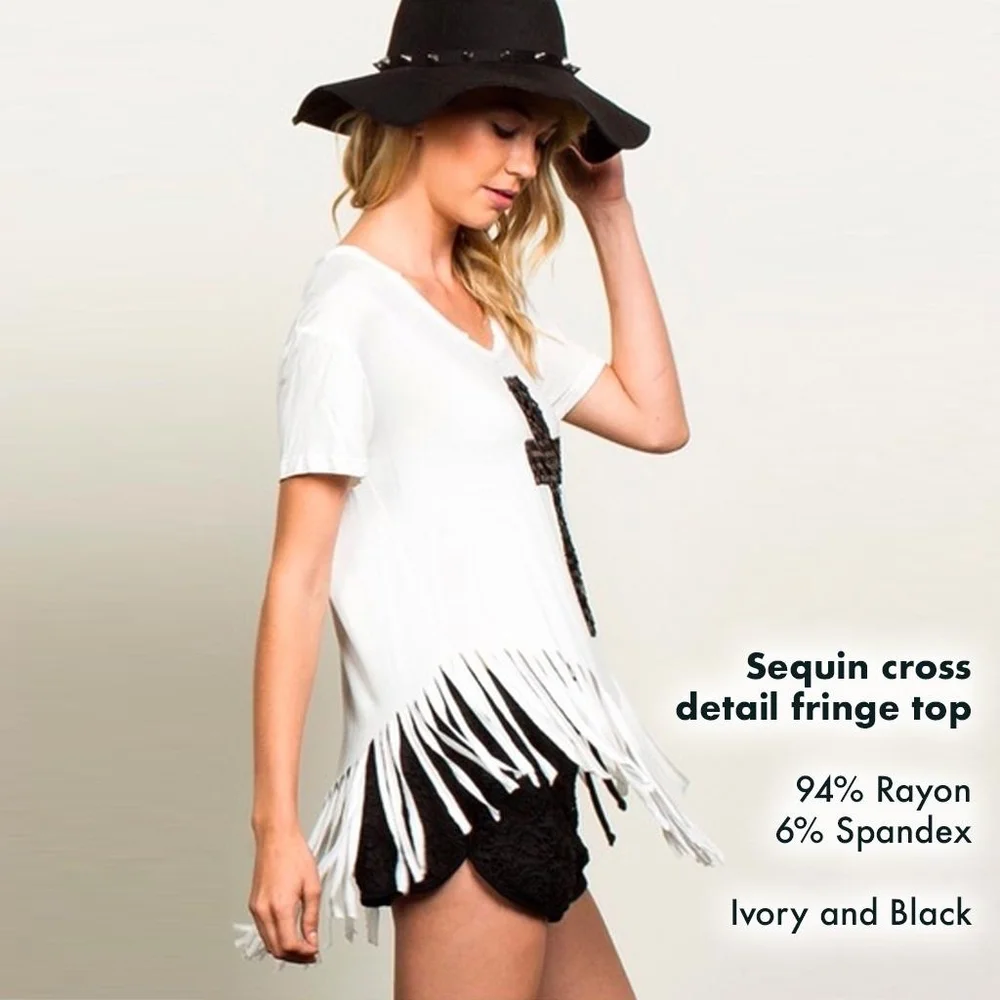 POL Sequin Cross Fringe Black and White Top - Picture 2 of 6